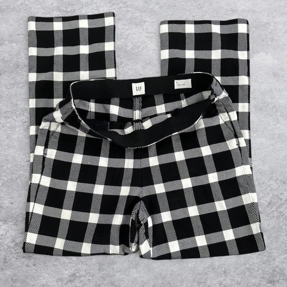 Gap Flare Crop Pants Womens 8 Black White Gingham Plaid Checkered Elastic Waist